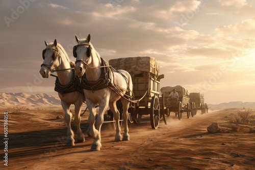 A picturesque scene of two horses pulling a covered wagon along a dirt road. Perfect for depicting old-fashioned transportation or rural landscapes. photo