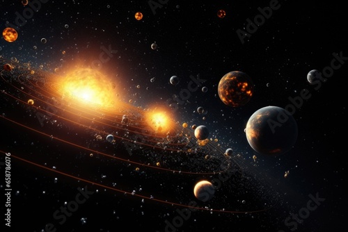 An artist's rendering of a solar system with multiple planets orbiting around a central star. This illustration can be used to depict astronomical concepts or as a visual aid in educational materials.