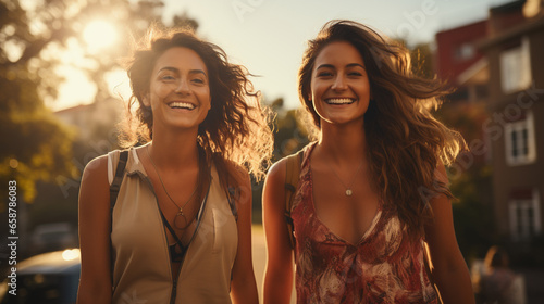 Happy Mixed Race Female Friends Enjoying a Healthy Run In The Park Together. Generative AI.