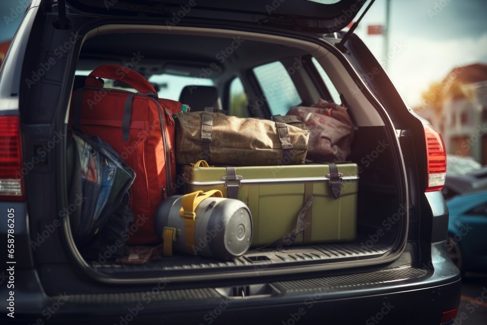 A view of the back of a car showing luggage neatly packed in the trunk. Ideal for travel and transportation concepts.