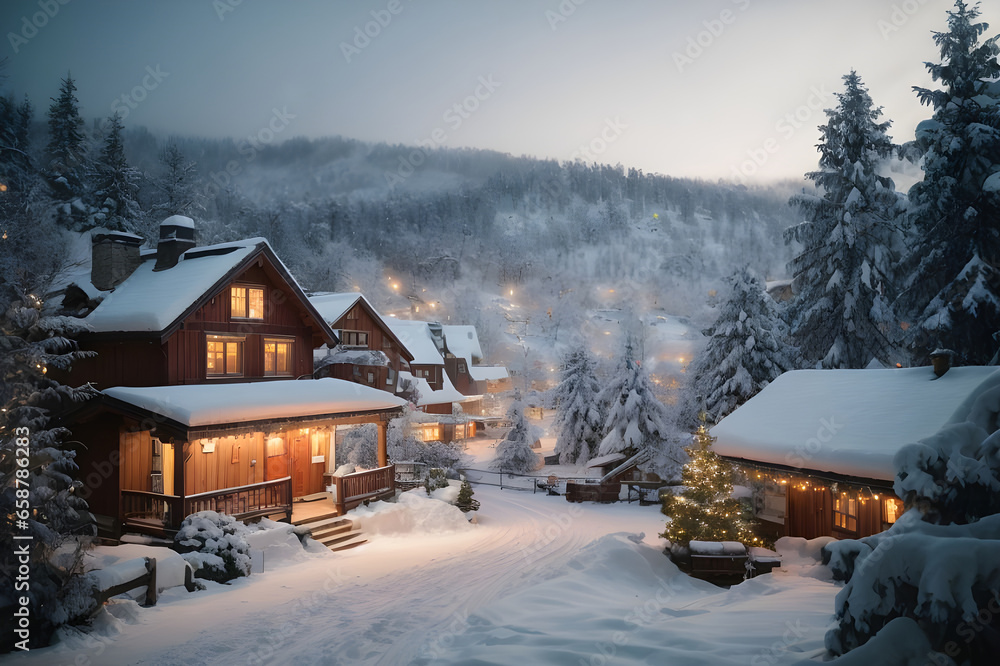 Fototapeta premium Winter scene capturing the essence of a pristine snow-covered valley nestled between majestic snow capped mountains. AI Generated.