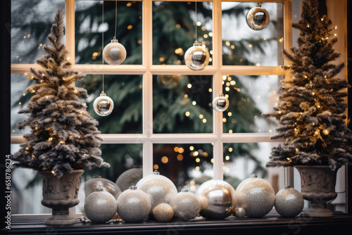 Christmas window decorations to spread holiday cheer. Christmas lights and decorations hanging on window inside house, hotel, restaurant, bar, store