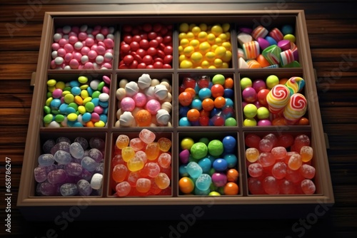 A wooden box filled with a variety of brightly colored candies. This delightful image can be used to add a pop of color to any project or to depict the joy of indulging in sweet treats.