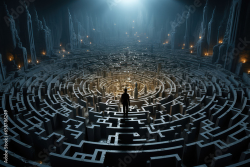 A person navigating a complex maze, reflecting the challenges and problem-solving abilities of humans. Concept of problem-solving. Generative Ai.