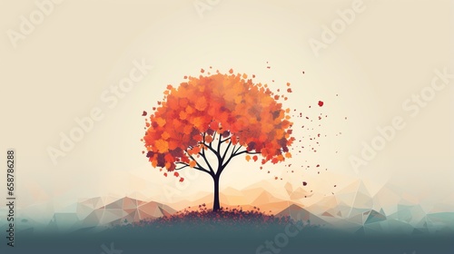 Solitary autumn tree with falling leaves on minimalistic nature background, lone orange yellow tree capturing essence of autumn season quiet beauty, serene and quiet beauty of autumn season