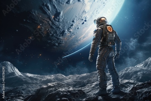 A man dressed in a space suit stands in front of a majestic planet. This image captures the awe-inspiring beauty of space exploration and the wonder of the universe. Perfect for science and technology