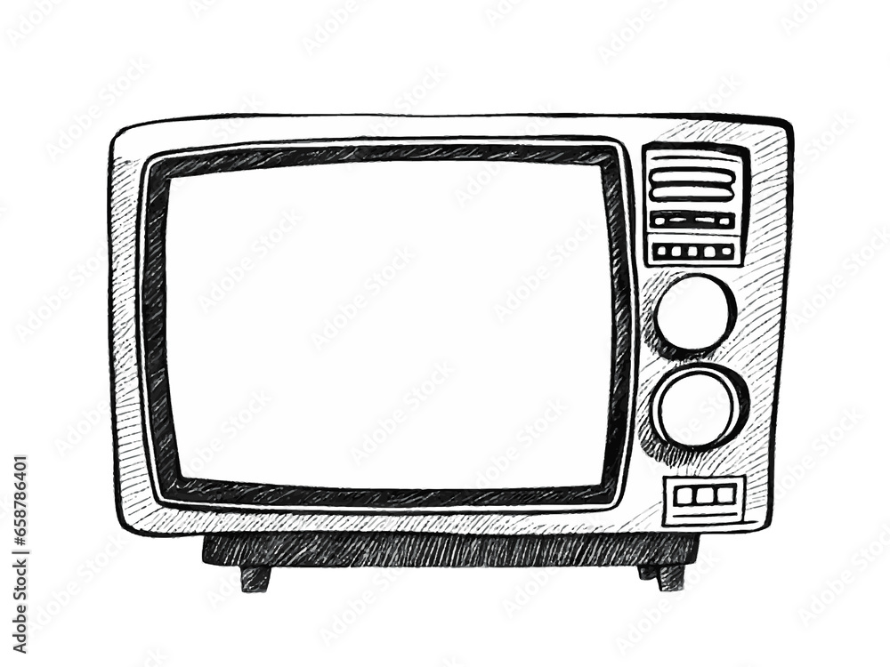 Isolated cute fixed ink sketch drawing illustration of an old retro vintage tv set (1950s television), front shot, with an empty screen.
