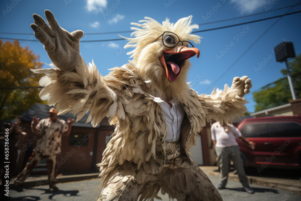 A person wearing a chicken costume doing a goofy dance, spreading laughter at a party. Concept of costume humor. Generative Ai.