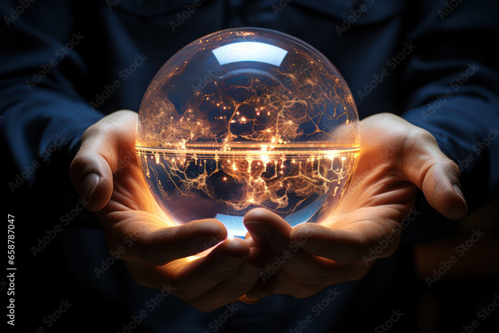 A person holding a globe with a brain superimposed on it, symbolizing the global impact of knowledge and ideas. Concept of global intelligence. Generative Ai. - obrazy, fototapety, plakaty 