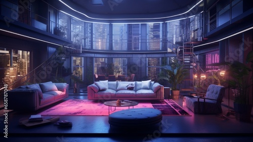 An immersive perspective of a studio room's interior, elegantly illuminated by neon lights, accentuating its lavish design and architectural beauty