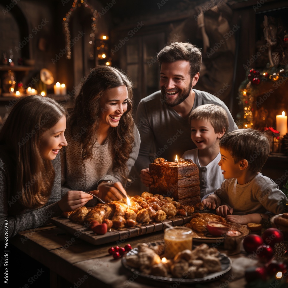 Family at the New Year's table. Happy people having a festive Christmas dinner.