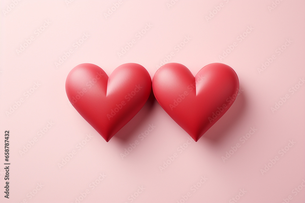Two adjacent red hearts, casting a gentle shadow on a pale pink background.
