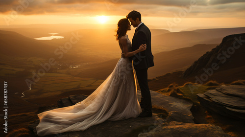 bride and groom kissing on a rocky outcrop in the high mountains 