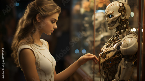 A beautiful teenage girl with elegant skin is looking at a menacing robot in a glass case 