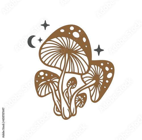 Mystical mushrooms isolated clipart, magic line celestial mushrooms, floral mystical. Black and white vector illustration.