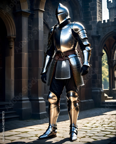medieval knight in armour walking trough a castle
