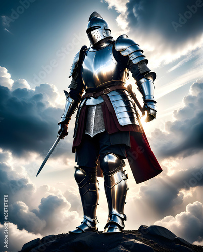 Brave crusader gallant knight with shining sword