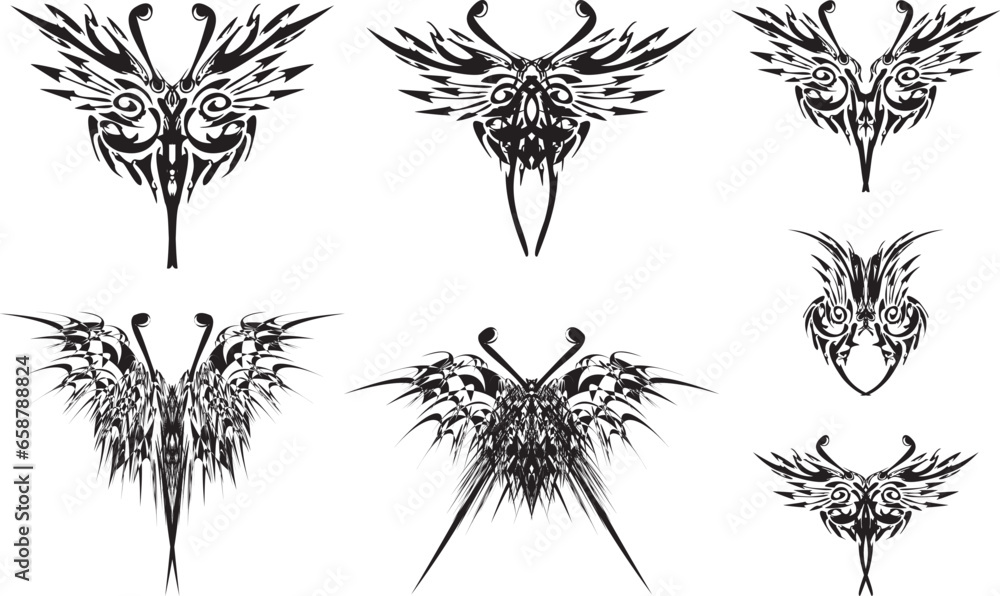 Fototapeta premium Black-white butterfly symbols for tattoos or emblems. Floral butterfly wings symbols for logos, prints on T-shirts, textiles, fashion trends, graphics on vehicles, fabric products, interior solutions