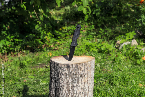 Black folding knife stuck in a log