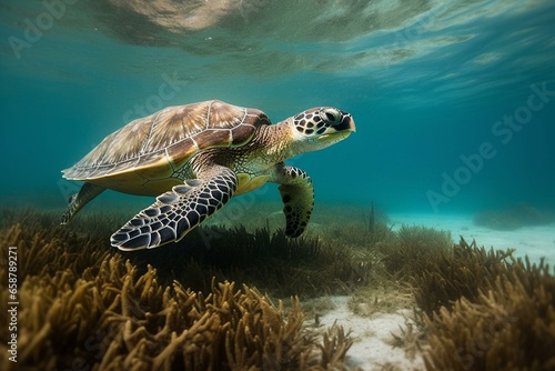 Image of a turtle swimming near sea coral, heading to the beach to lay eggs. Generative AI © Ylva