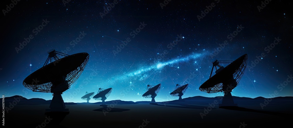 Space observatory with satellite dish silhouettes against night sky With copyspace for text - obrazy, fototapety, plakaty 