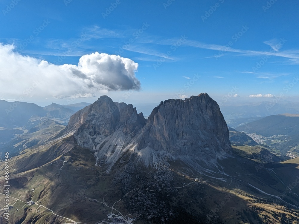 Fototapeta premium Beautiful landscape Italian dolomites aerial view-with mountain meadows,lakes and rocky and sharp mountain tops,Dolomite Alps mountains, anazei,Piz Boe ,Trentino,Alto Adige,Sudtirol, Dolomites,Italy
