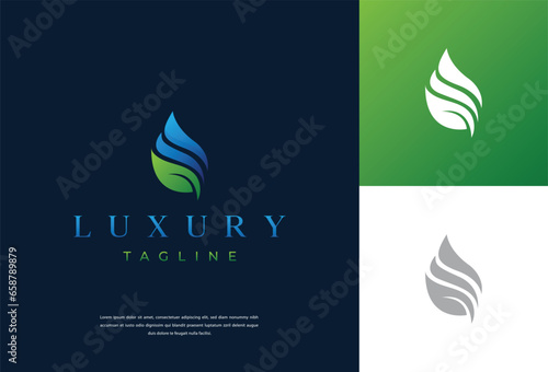 Water Drop Leaf Logo Design Vector Template Linear Style Blue Drop Lines Logo Icon