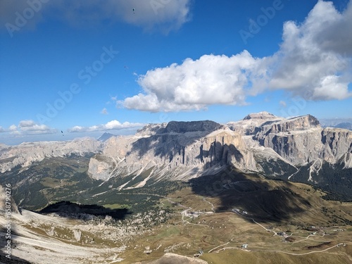 Beautiful landscape Italian dolomites aerial view-with mountain meadows,lakes and rocky and sharp mountain tops,Dolomite Alps mountains, anazei,Piz Boe ,Trentino,Alto Adige,Sudtirol, Dolomites,Italy