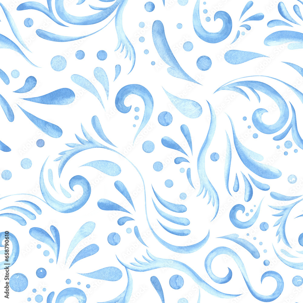 Blue flowers and swirl decorative seamless pattern hand painted watercolor. Decorative element for textile, fabric, wallpaper, home decor, kitchen and more. Monochrome in indigo, blue, cobalt Blue flowers and swirl decorative seamless pattern hand painted watercolor. Decorative element for textile, fabric, wallpaper, home decor, kitchen and more. Monochrome in indigo, blue, cobalt
