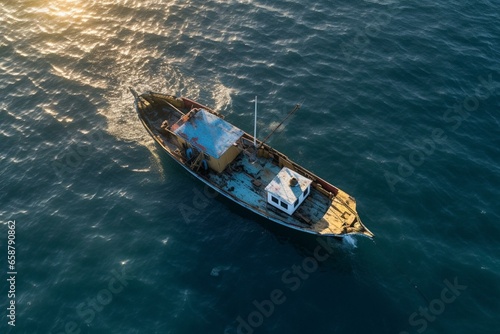 An aerial view of a fishing boat on the sea surface. Generative AI