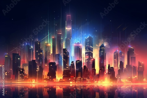 Urban skyline buildings glowing. Generative AI