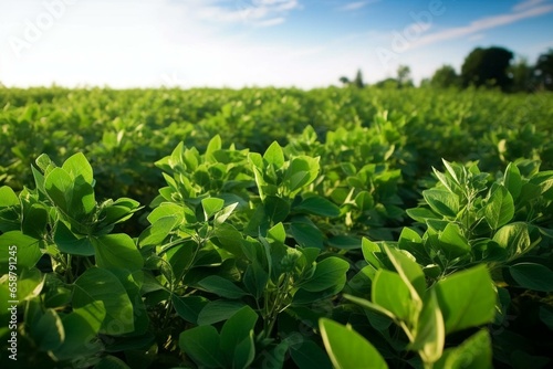 Soybean plants in green field. Generative AI