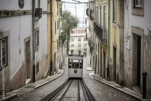 Funicular linking Lisbon downtown to Bairro Alto. Generative AI