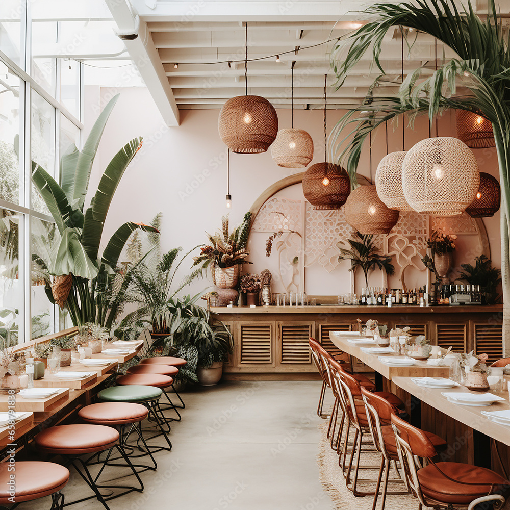 Modern interior of restaurant with boho furniture and a bright patio. - obrazy, fototapety, plakaty 