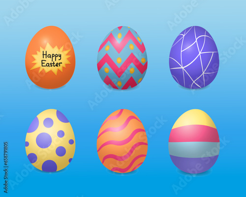 Vector collection of realistic colorfull easter eggs. Eggs with label happy easter, 