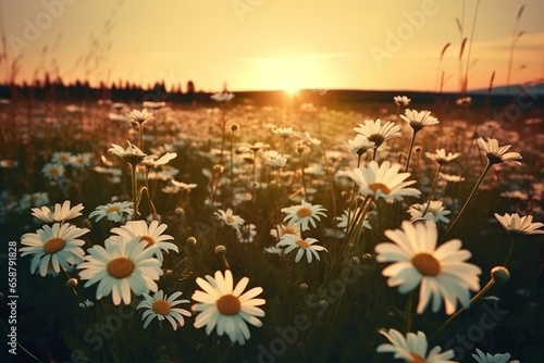 Sunset field of daisies. Natural backdrop with a nostalgic vibe. Generative AI