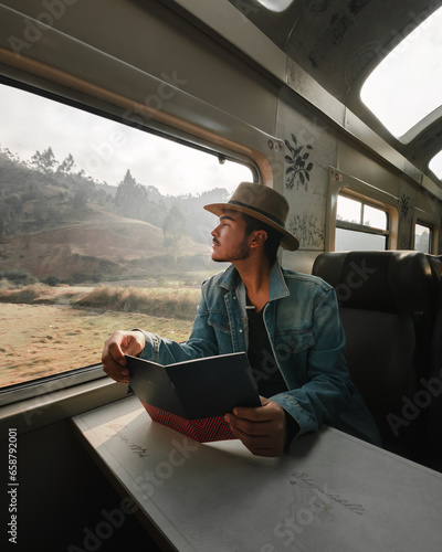 tourist traveling in the train with a hat reading photo