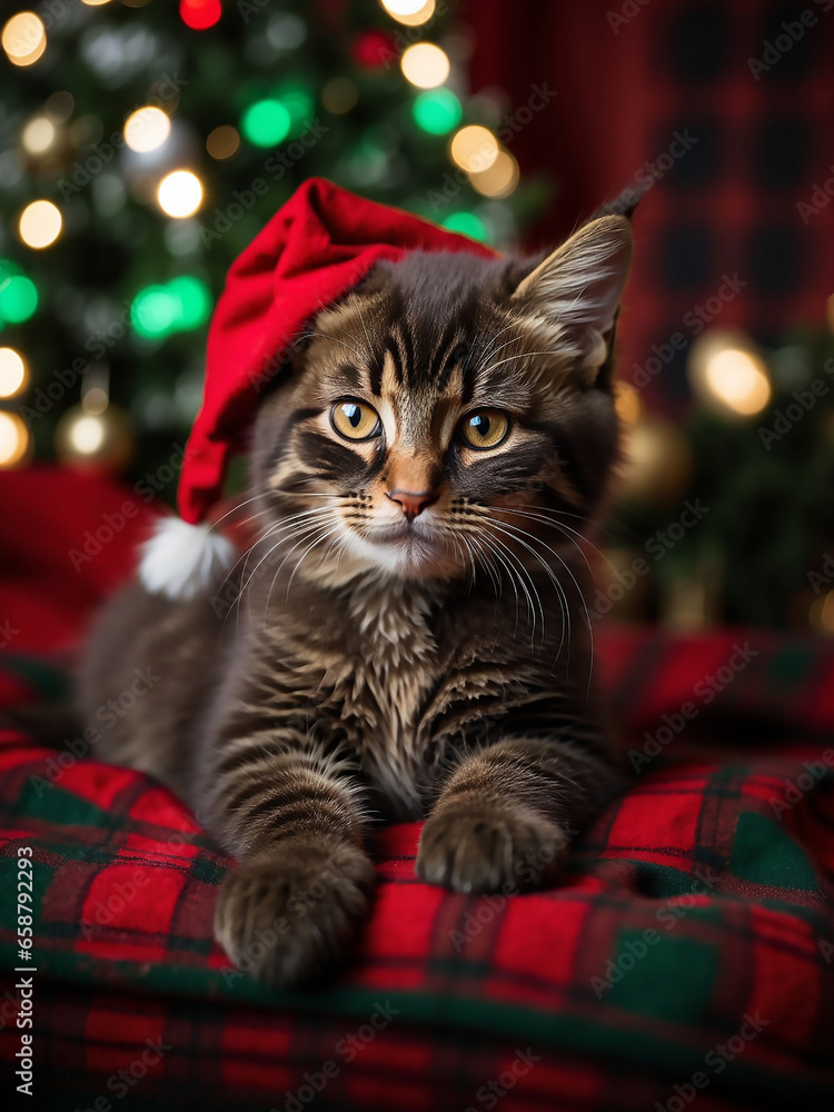 cat in santa hat, festive, in front of christmas tree, bokeh lights in the background, beautiful christmas theme cat in santa hat, festive, in front of christmas tree, bokeh lights in the background, beautiful christmas theme