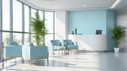 A serene medical clinic with minimalist design, light blue walls, and a peaceful atmosphere. The reception area features a simple desk and cozy chairs