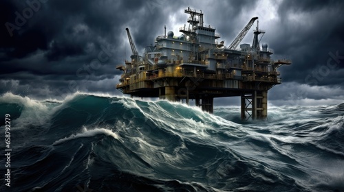 Offshore oil platform under stormy sky, waves crashing. Low-angle shot captures height, power, and danger. Resilience in harsh conditions. Moody atmosphere with dramatic clouds