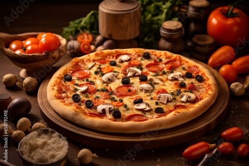Tasty veggie pizza with mushrooms, tomatoes, mozzarella, peppers, and olives. Generative AI