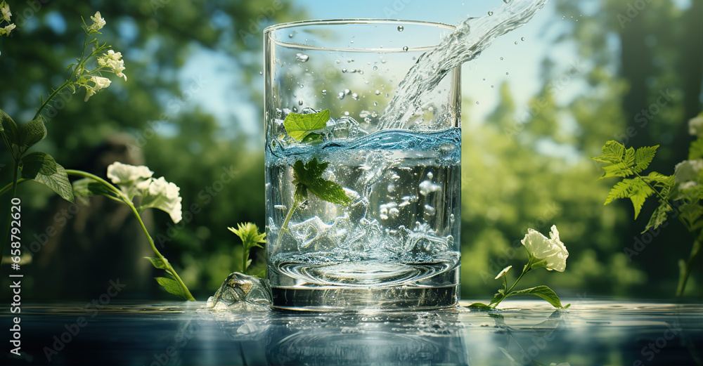 Glass of water being filled with water. Created with Generative AI Glass of water being filled with water. Created with Generative AI