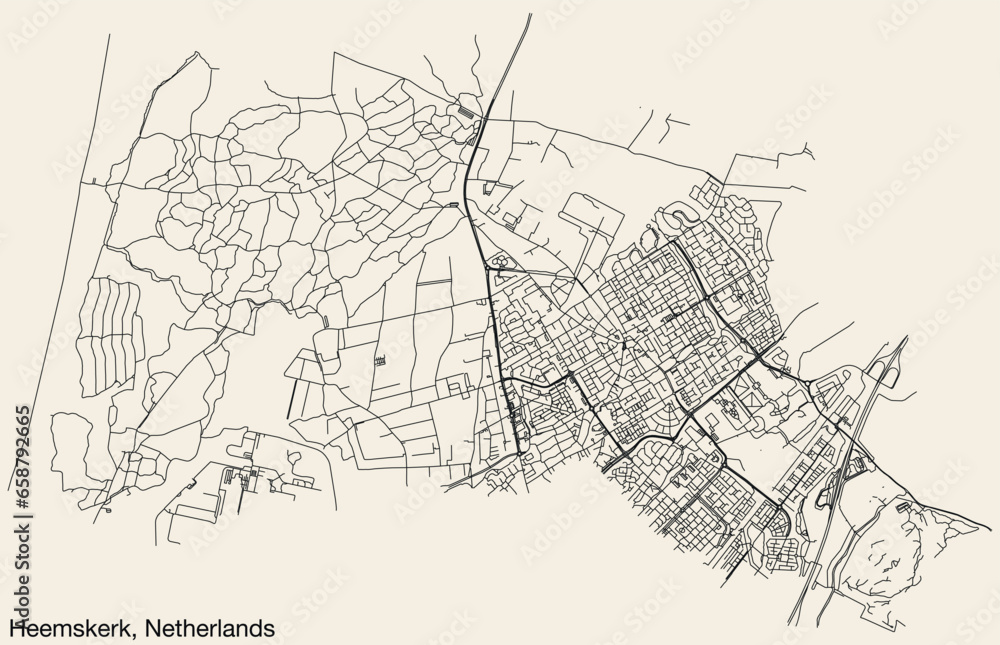 Detailed hand-drawn navigational urban street roads map of the Dutch city of HEEMSKERK, NETHERLANDS with solid road lines and name tag on vintage background