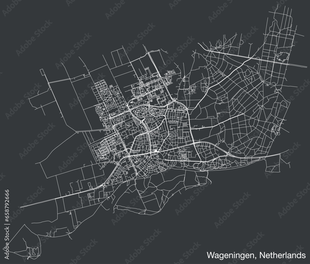 Detailed hand-drawn navigational urban street roads map of the Dutch city of WAGENINGEN, NETHERLANDS with solid road lines and name tag on vintage background