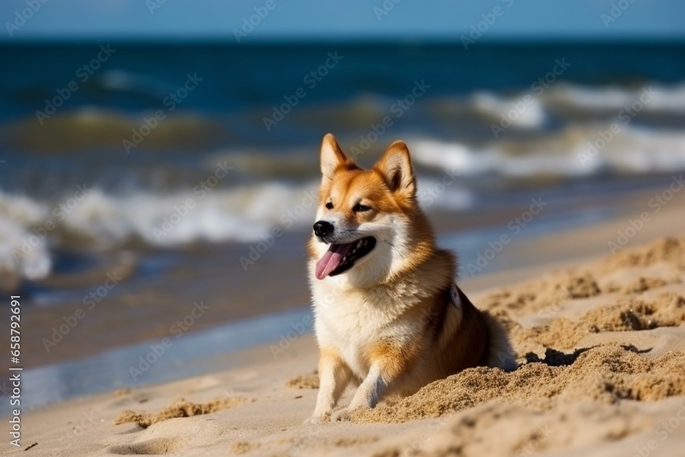 amusing canine at the shore. Generative AI
