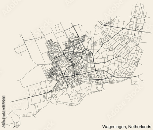 Detailed hand-drawn navigational urban street roads map of the Dutch city of WAGENINGEN, NETHERLANDS with solid road lines and name tag on vintage background
