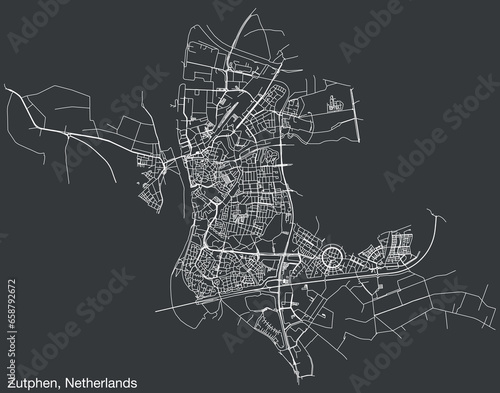Detailed hand-drawn navigational urban street roads map of the Dutch city of ZUTPHEN, NETHERLANDS with solid road lines and name tag on vintage background