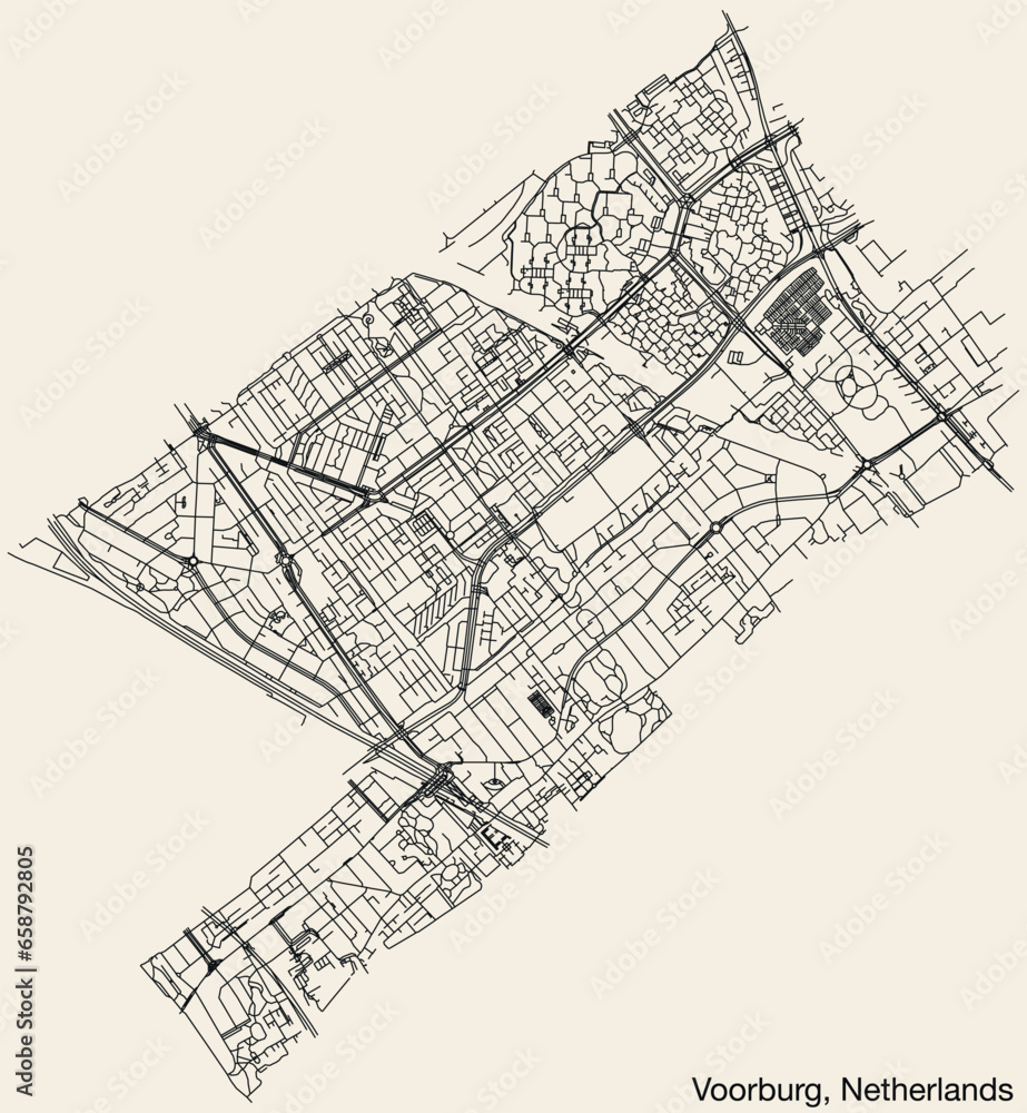 Detailed hand-drawn navigational urban street roads map of the Dutch city of VOORBURG, NETHERLANDS with solid road lines and name tag on vintage background