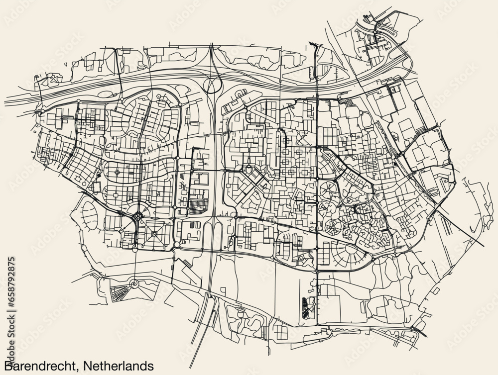 Detailed hand-drawn navigational urban street roads map of the Dutch city of BARENDRECHT, NETHERLANDS with solid road lines and name tag on vintage background