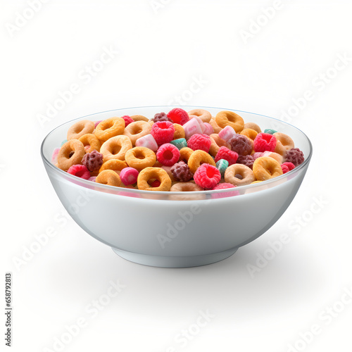 Breakfast cereals and milk, white background